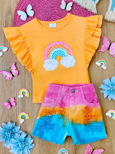 Toddler Spring Outfits | Girls Rainbow Top & Tie Dye Denim Shorts Set