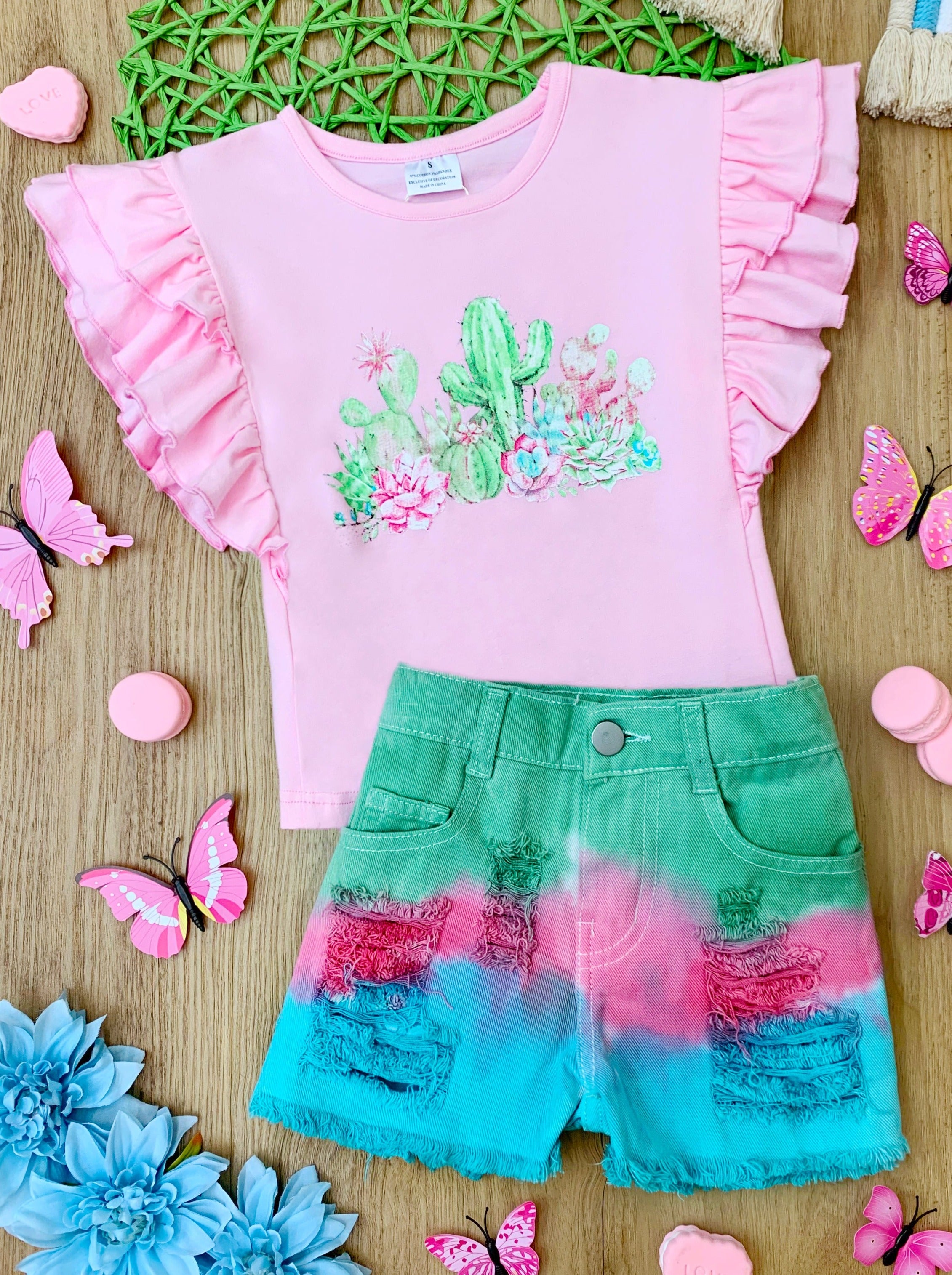 Girls Spring Outfits | Cactus Graphic Tee & Tie Dye Denim Shorts Set ...