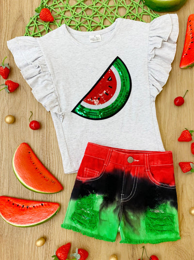 Girls Spring Outfit | Sequin Melon Ruffle Top & Ombre Denim Shorts Set