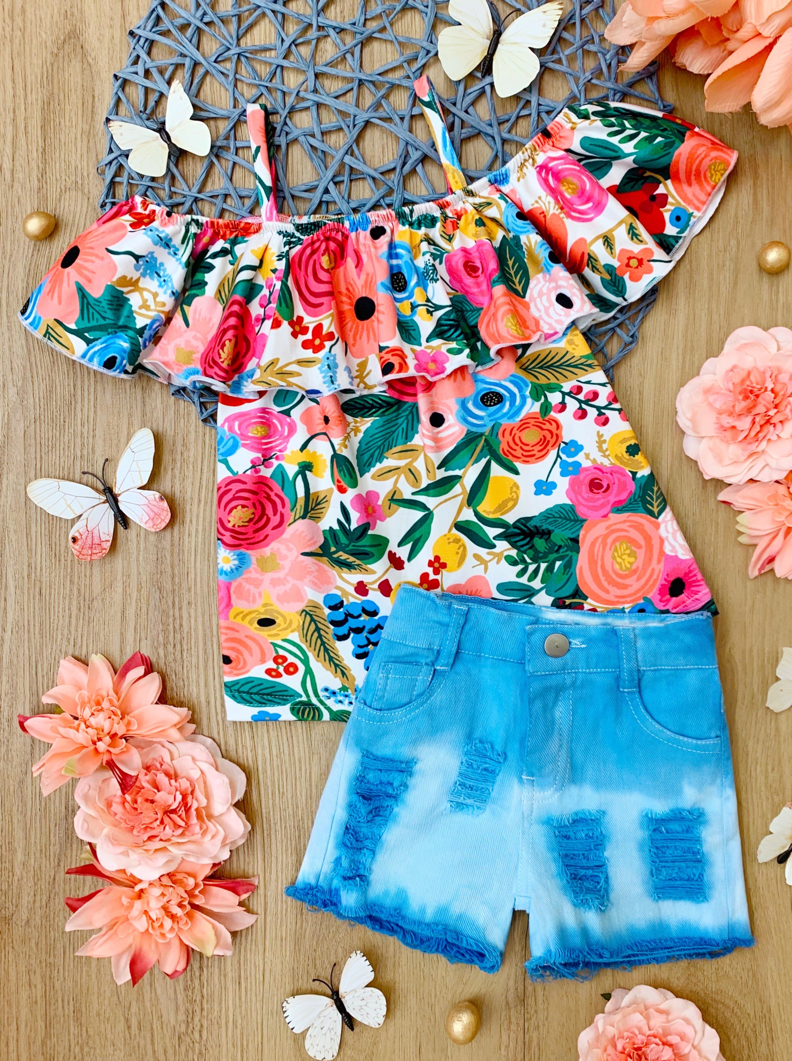 Kids Spring Clothes | Girls Floral Ruffle Top & Tie Dye Denim Shorts ...