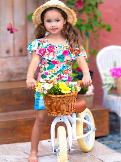 Kids Spring Clothes | Girls Floral Ruffle Top & Tie Dye Denim Shorts