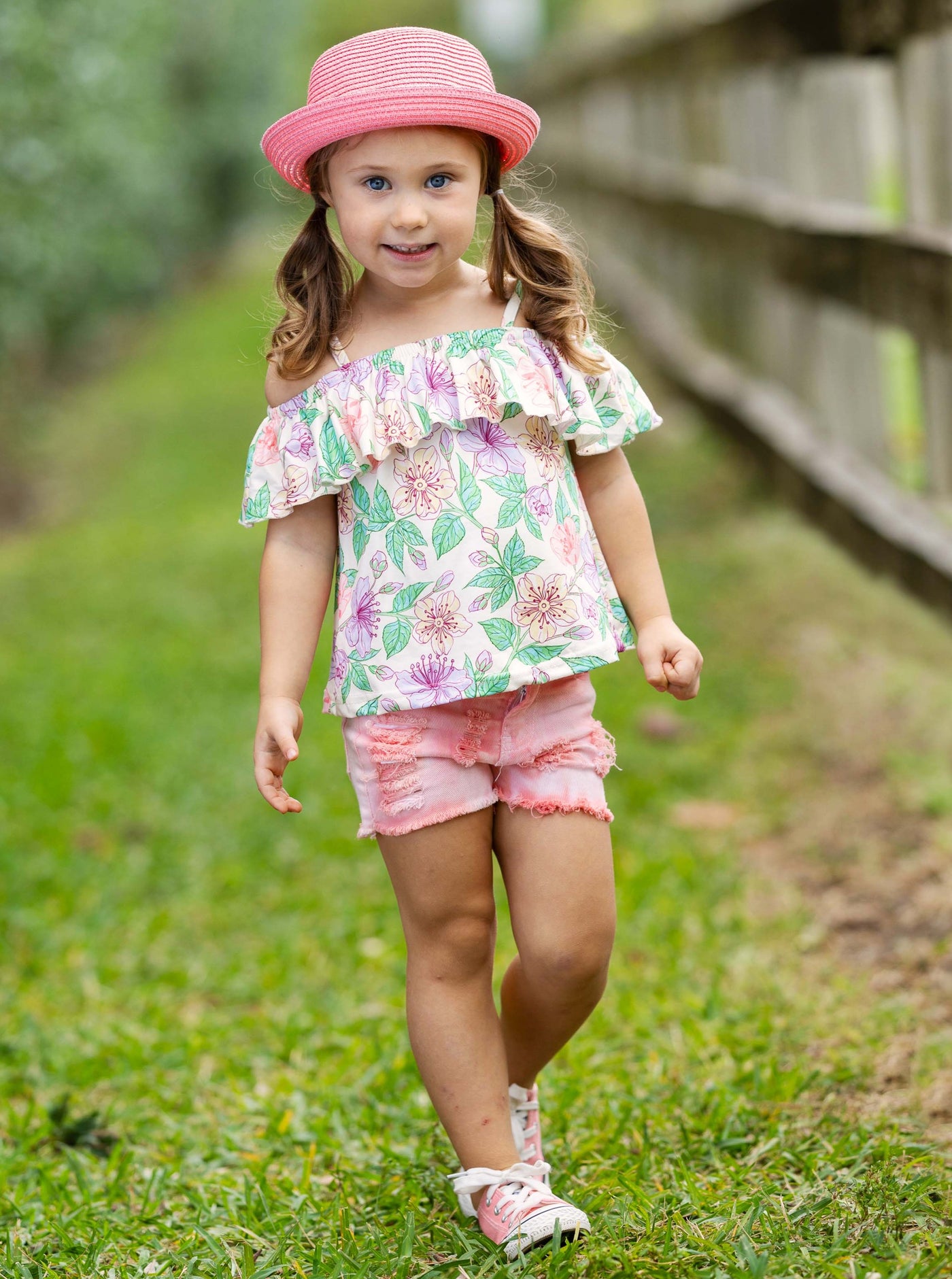 Kids Spring Clothes | Girls Floral Top & Peach Ombre Denim Shorts Set
