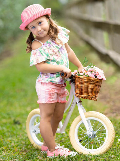 Kids Spring Clothes | Girls Floral Top & Peach Ombre Denim Shorts Set