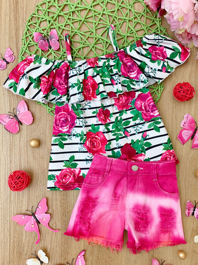 Spring Toddler Outfit | Girls Ruffle Bib Top & Tie Dye Denim Short Set