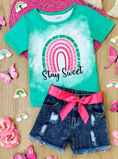 Cute Spring Toddler Outfit | Girls Watermelon Top & Denim Shorts Set