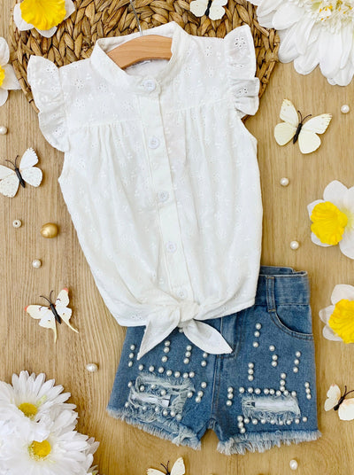 Toddler Spring Outfits | Girls Knot Hem Top & Pearled Denim Shorts Set