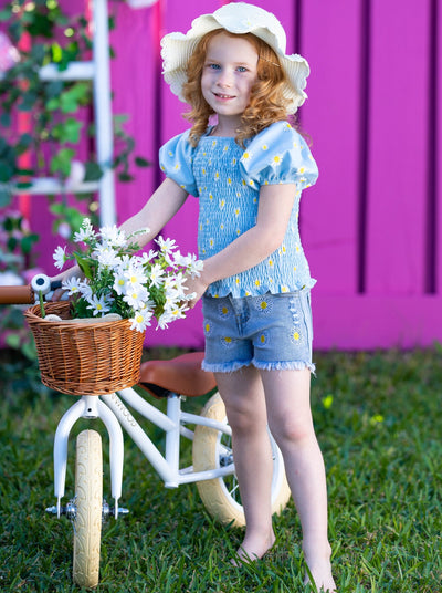 Toddler Spring Outfits | Girls Daisy Smock Top & Denim Shorts Set