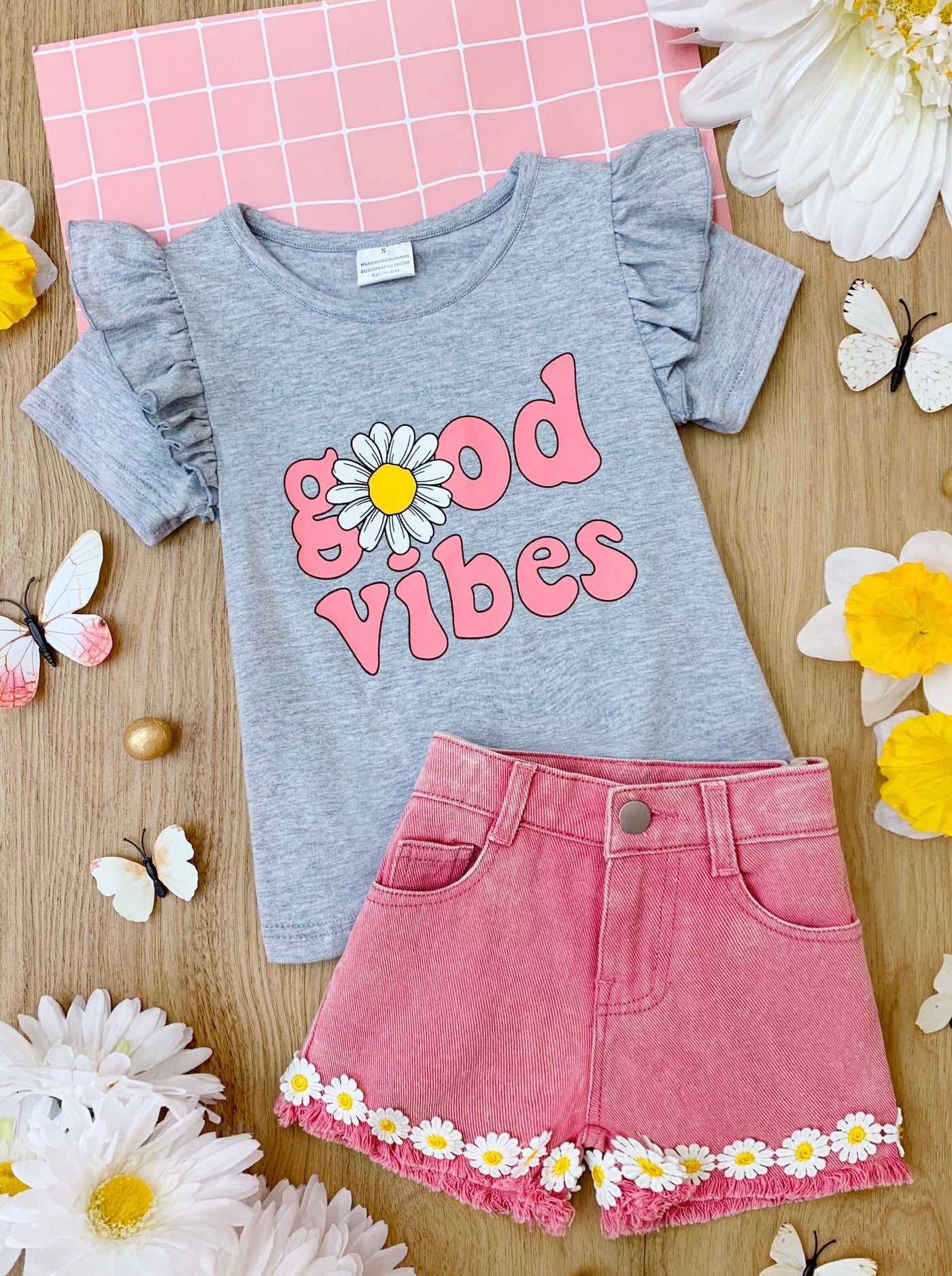 Toddler Spring Clothes | Girls Good Vibes Tee & Denim Shorts Set