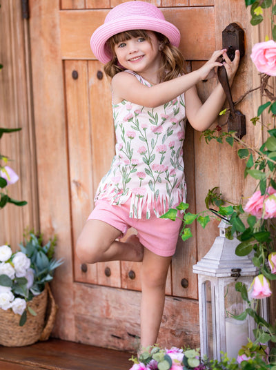 Kids Spring Fashion | Girls Floral Fringe Tank Top & Denim Shorts Set