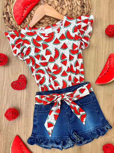 Kids Spring Clothes | Girls Watermelon Top & Ruffle Denim Shorts Set