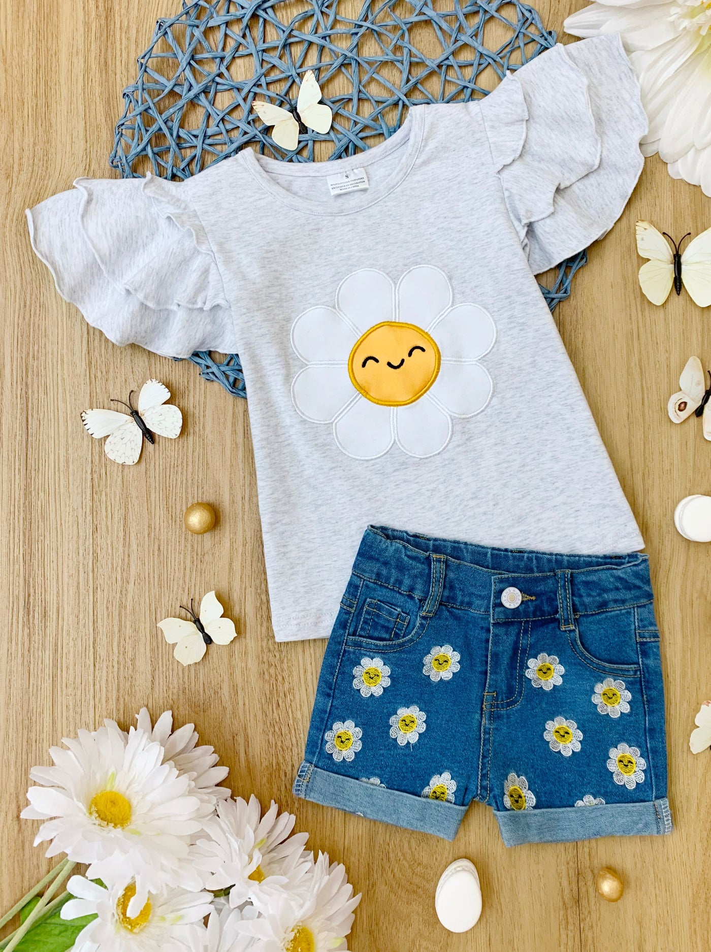 Girls "Happy Daisy" Ruffled Sleeve Top and Floral Demin Shorts Set