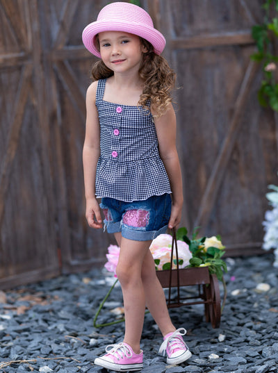 Cute Toddler Outfit | Girls Plaid Peplum Top & Patch Denim Shorts Set