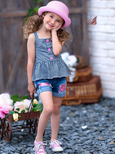 Cute Toddler Outfit | Girls Plaid Peplum Top & Patch Denim Shorts Set