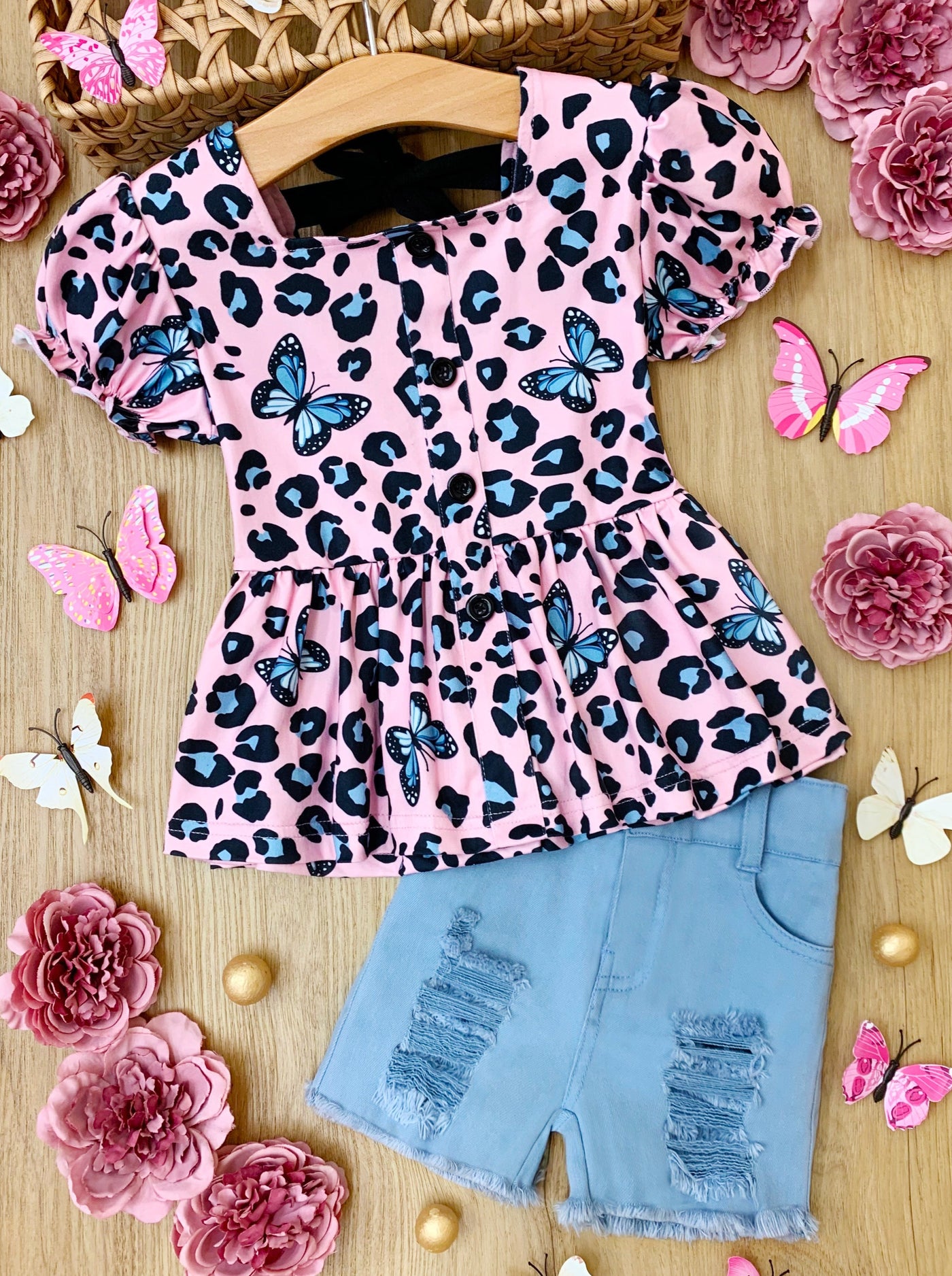 Kids Spring Fashion | Girls Leopard Butterfly Top & Denim Shorts Set