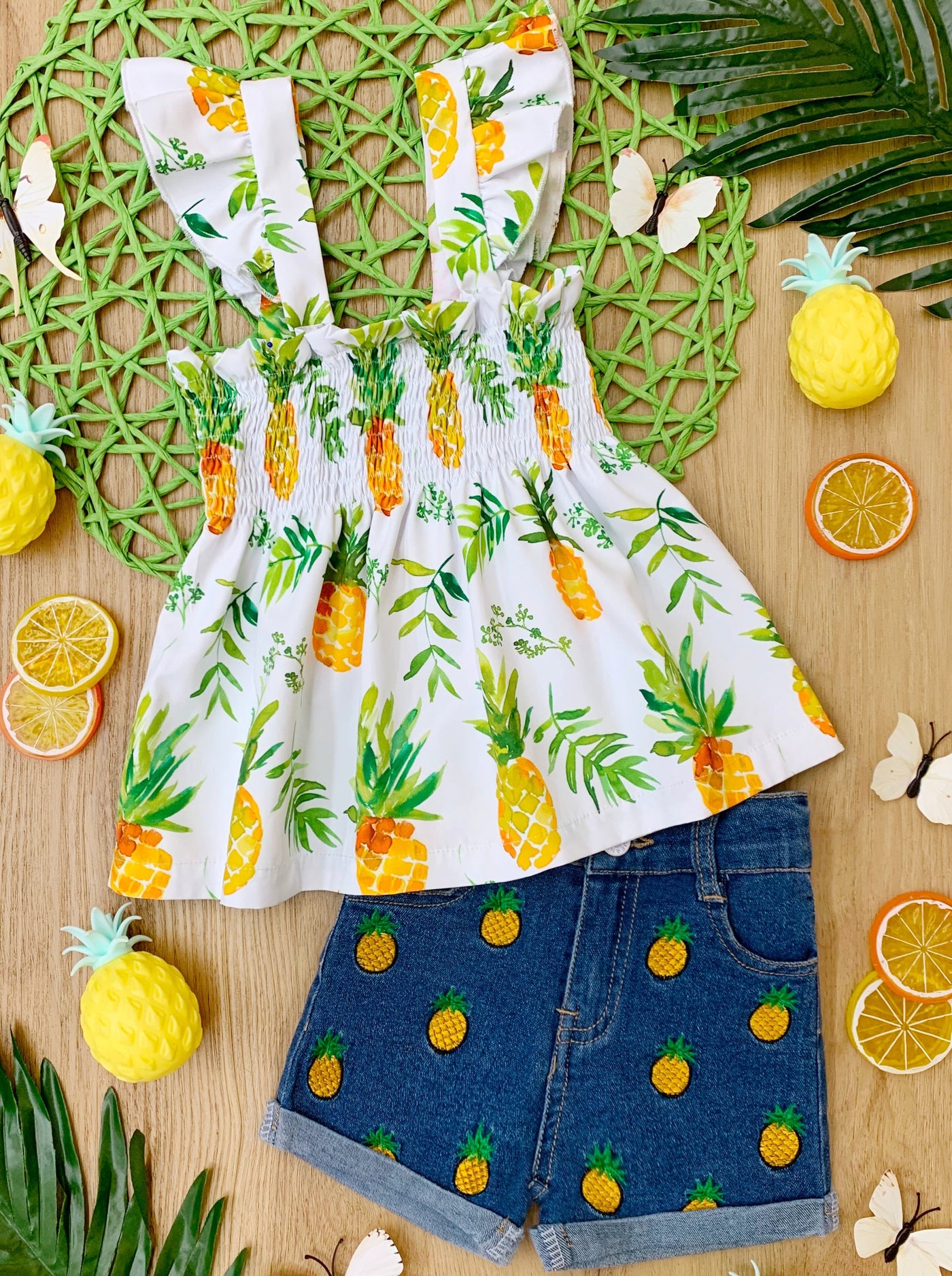 Spring Toddler Outfit | Girls Pineapple Smocked Top & Denim Shorts Set
