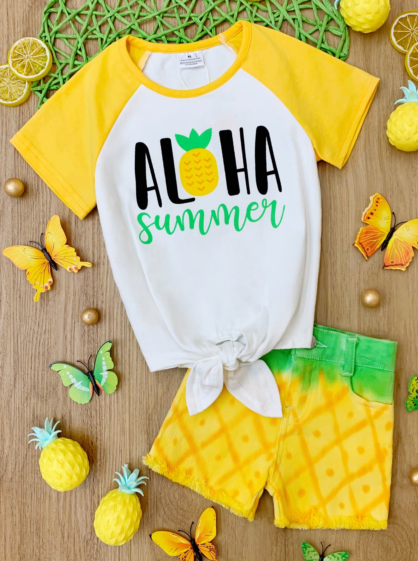Kids Summer Clothes | Girls Pineapple Knotted Top & Denim Shorts Set