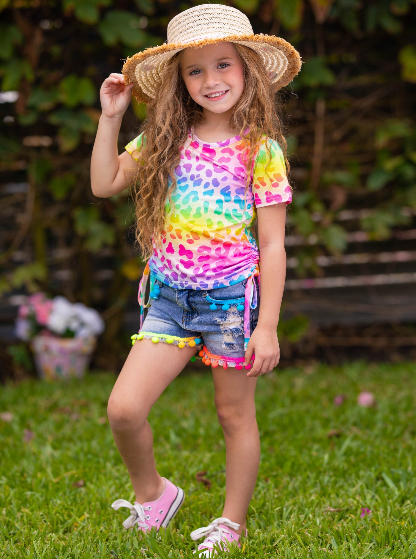 Girls Spring Outfits | Rainbow Leopard Top & Tassel Denim Shorts Set