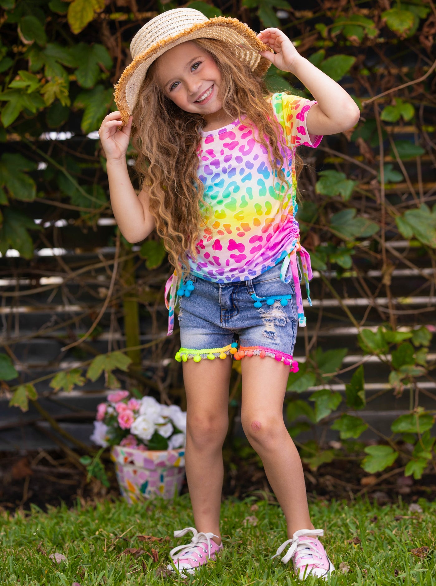 Girls Spring Outfits | Rainbow Leopard Top & Tassel Denim Shorts Set