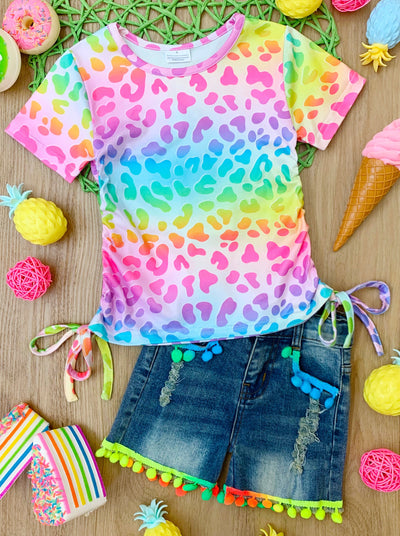 Girls Rainbow Leopard Print Top and Denim Shorts Set