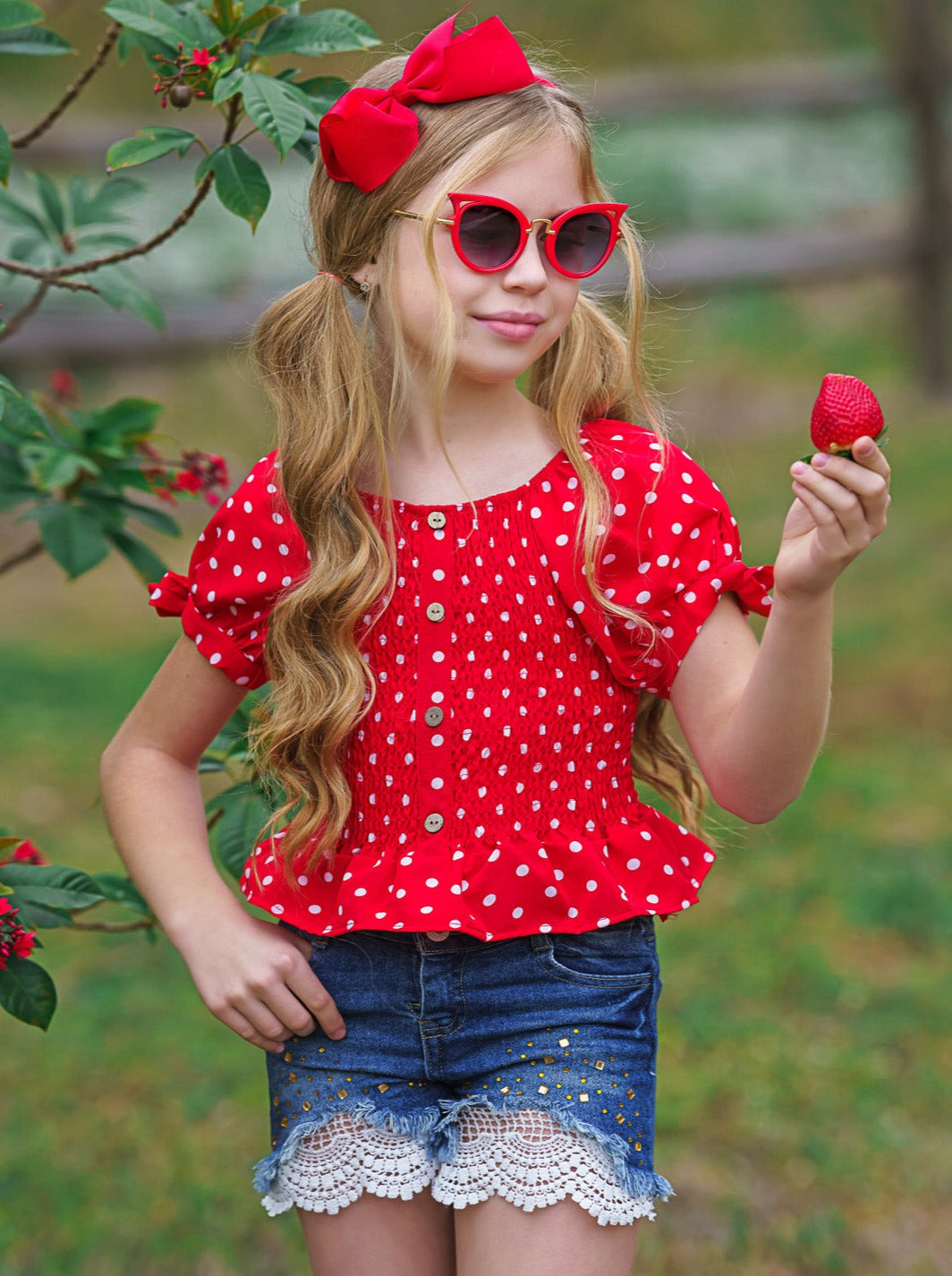 Girls Polka Dot Cutie Cap Sleeved Button Down Top and Lace Denim Shorts Set