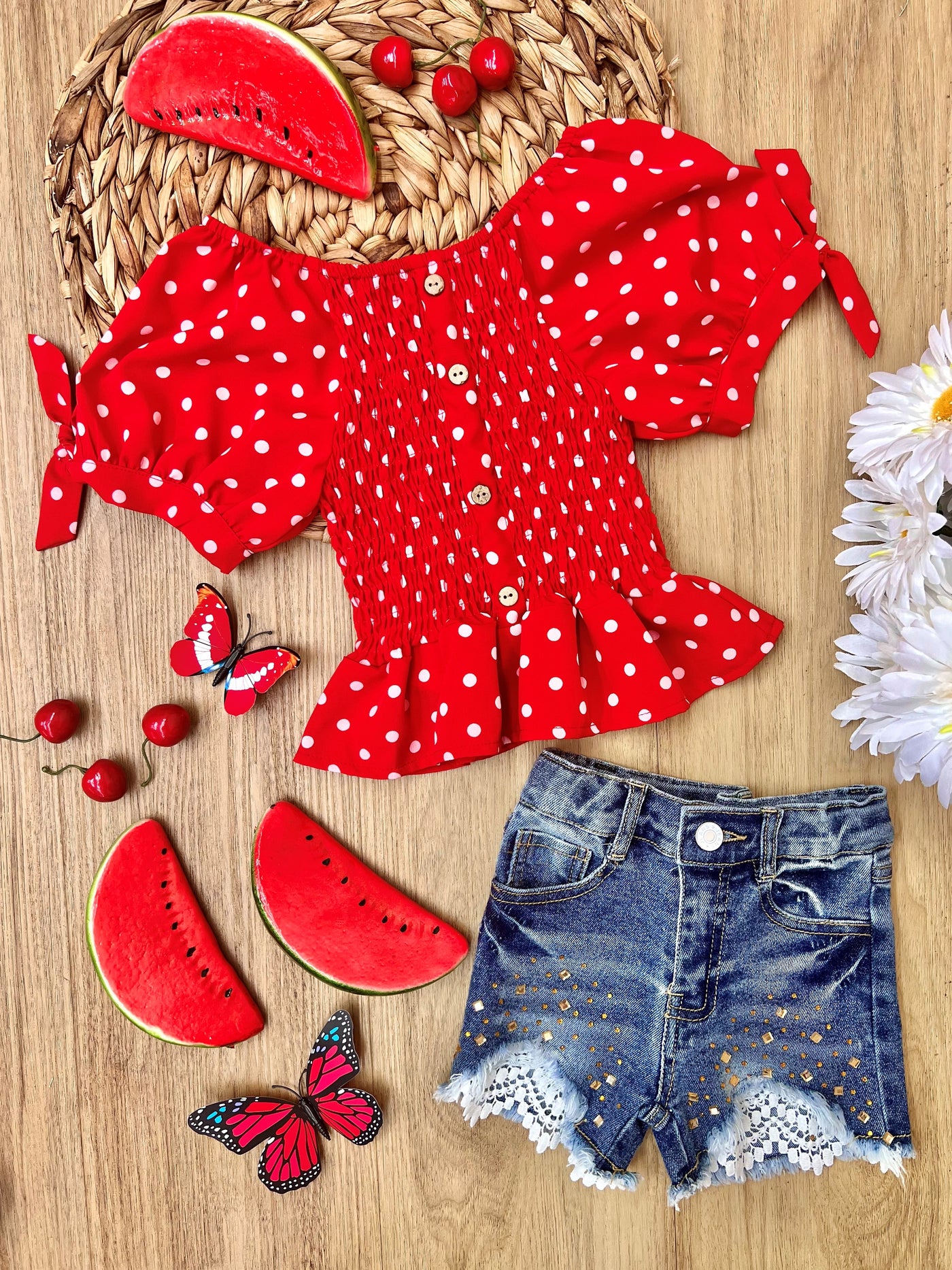 Girls Polka Dot Cutie Cap Sleeved Button Down Top and Lace Denim Shorts Set