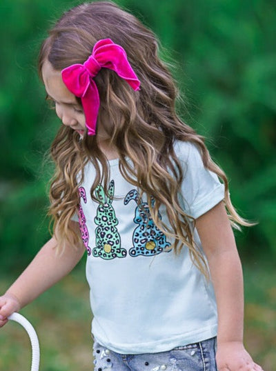 Girls Cute Easter Tops | Leopard Print Bunnies Short Sleeve Top