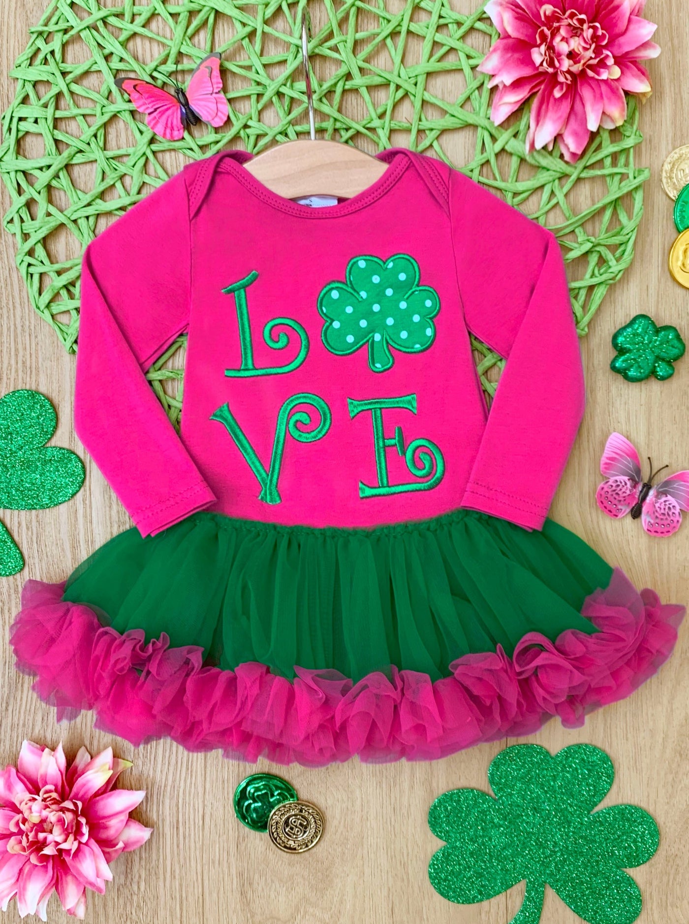 St. Patrick's Day Clothes | Girls Long Sleeve Clover Love Tutu Dress