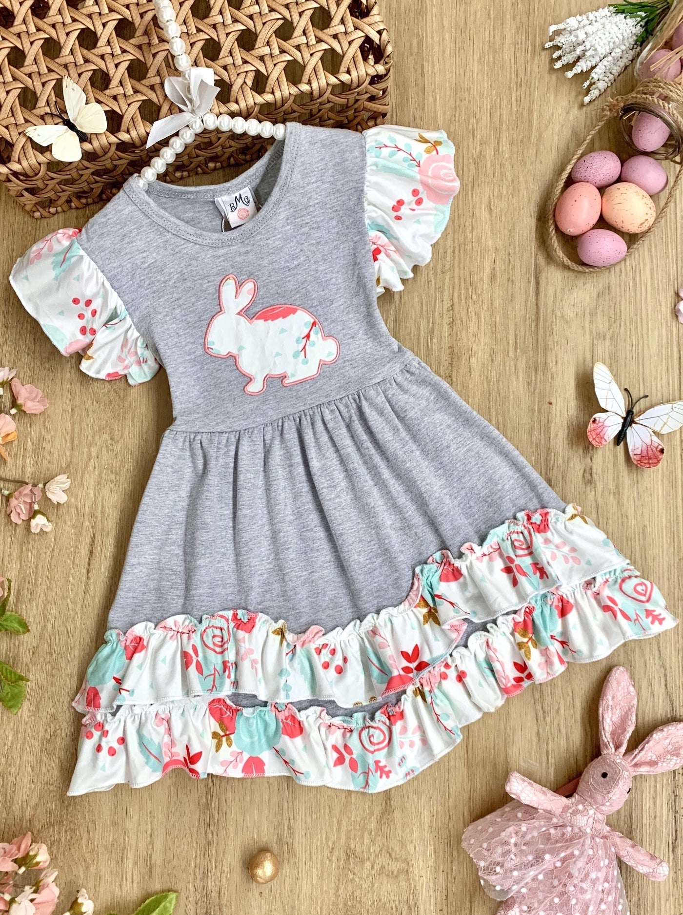 Easter-themed dress features short flutter sleeves and skirt hem with a cute bunny print - Girls Easter Dress