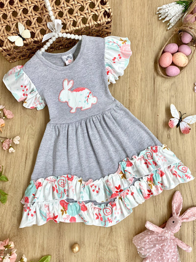 Easter-themed dress features short flutter sleeves and skirt hem with a cute bunny print - Girls Easter Dress