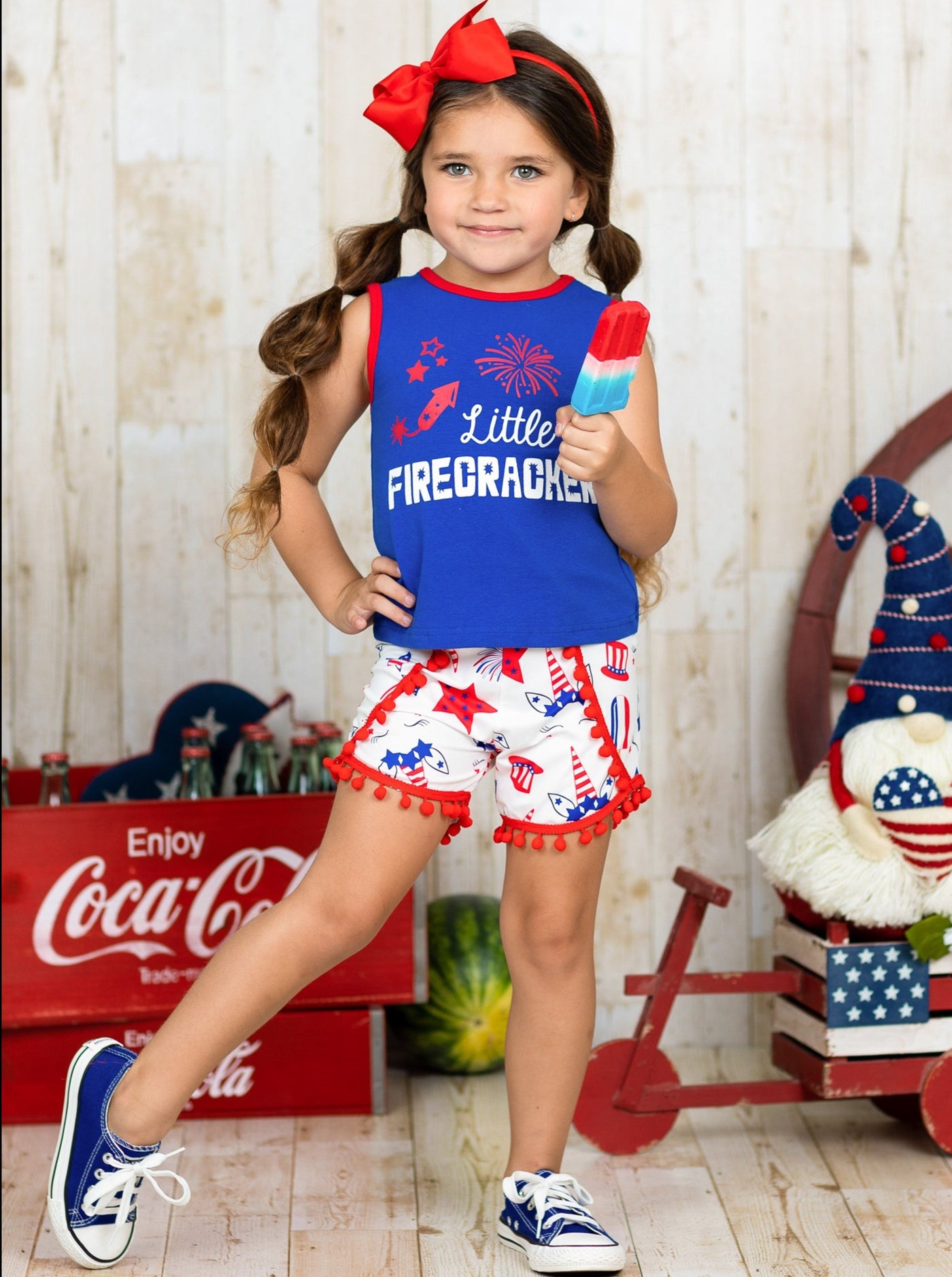 Kids 4th of July Outfits | Little Firecracker Top & Pom Pom Shorts Set