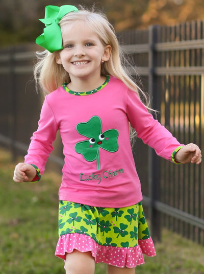 Girls Pink & Green St. Patricks Day Themed Clover Print Long Sleeve Top & Ruffled Skirt Set - Girls St. Patricks Set