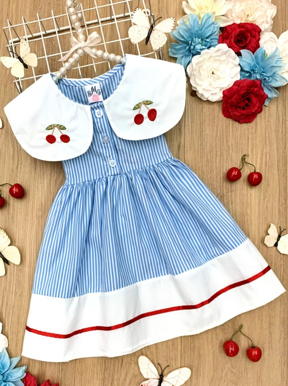 Cherry Blossom Pinstripe Dress - Mia Belle Girls