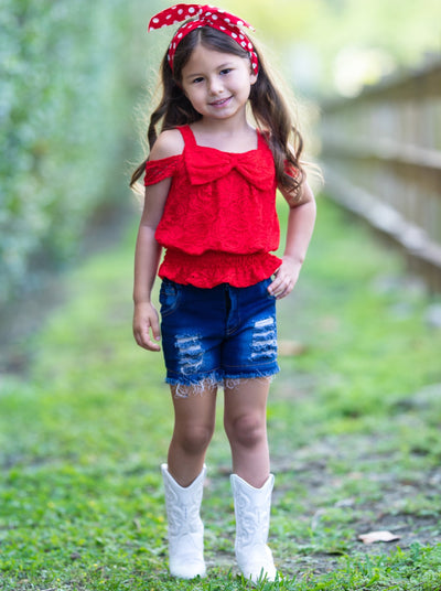 Girls 4th of July Outfits | Could Shoulder Lace Top & Denim Shorts Set