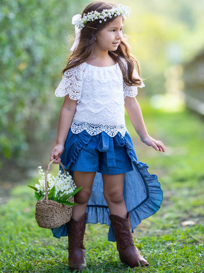 Girls Spring Outfits |  Lace Top & Ruffle Skirted Chambray Shorts Set