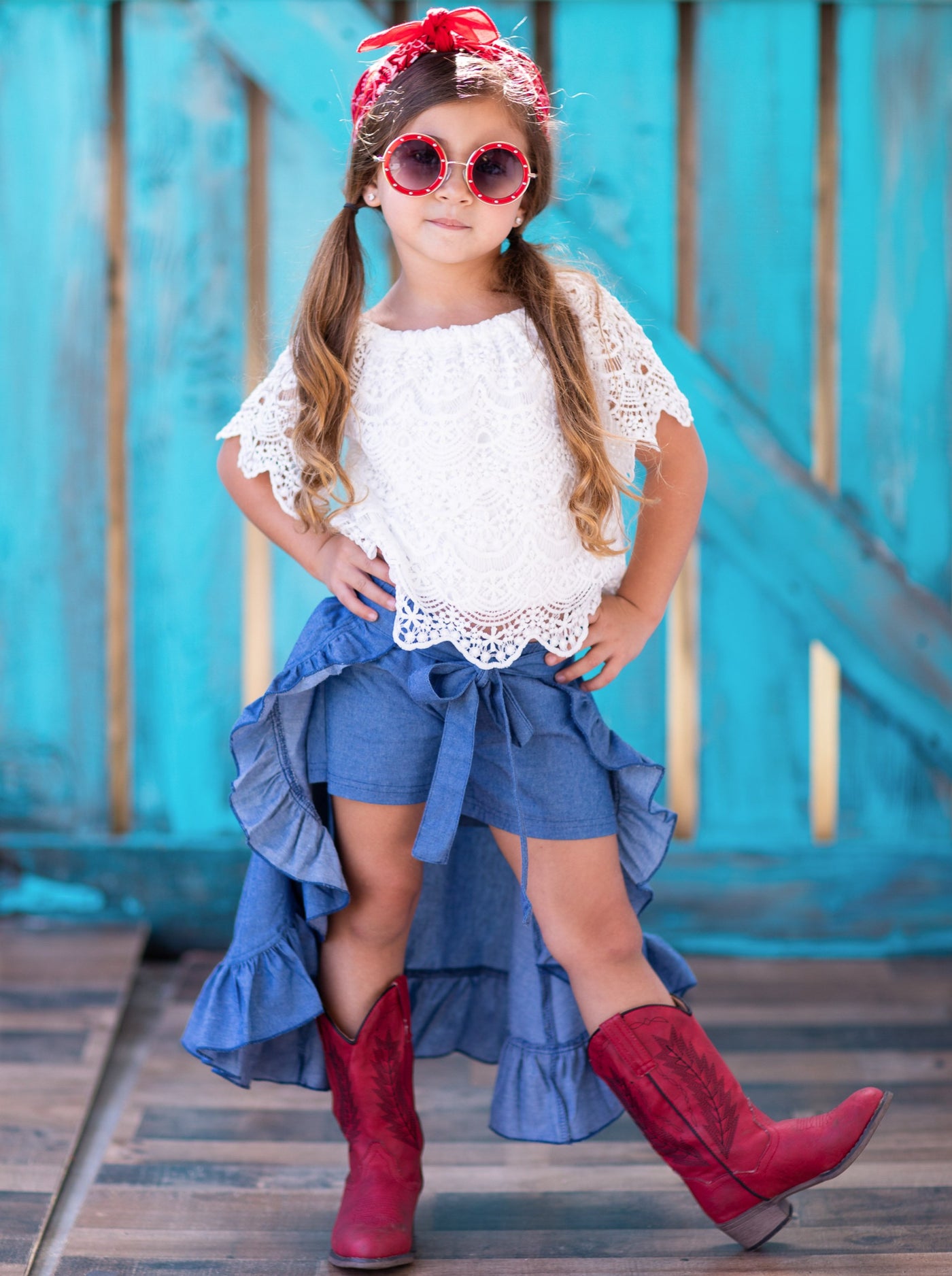Girls Lacey Off Shoulder Top and Ruffled Denim Hi-Low Skirt Set - Girls Casual Spring SetGirls Spring Outfits |  Lace Top & Ruffle Skirted Chambray Shorts Set