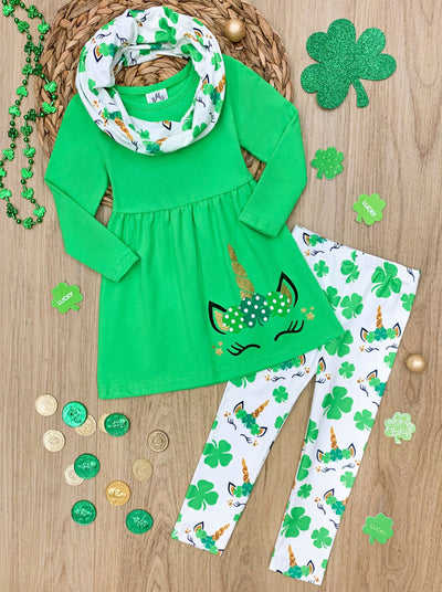 St. Patrick's Day Clothes | Girls Unicorn Tunic, Scarf & Legging Set