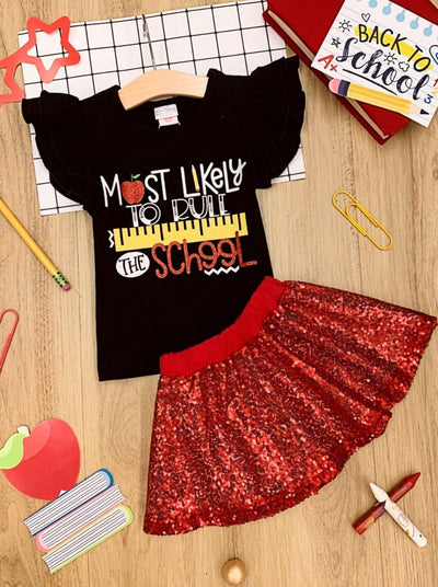 Girls 1st Day of School "Most Likely to Rule the School" Printed Flutter Sleeve Top And Sequin Skirt Set