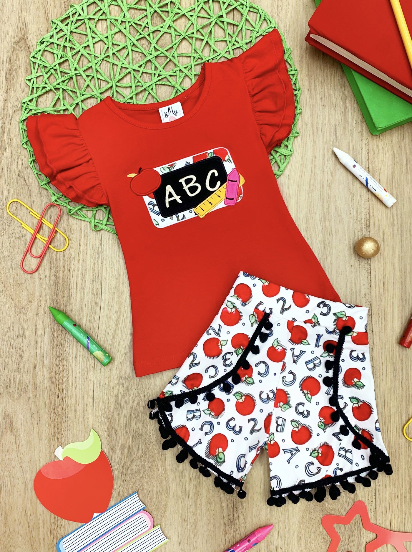 Girls 1st Day of School "ABC" Flutter Sleeve Top And Pom Pom Numbers And Letters Printed Short Set