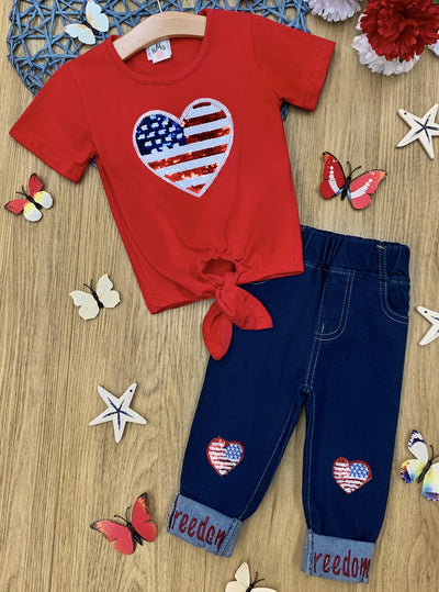 Girls Heart of the Free Knot Top and Cuffed Jeans Set - Girls 4th of July Set