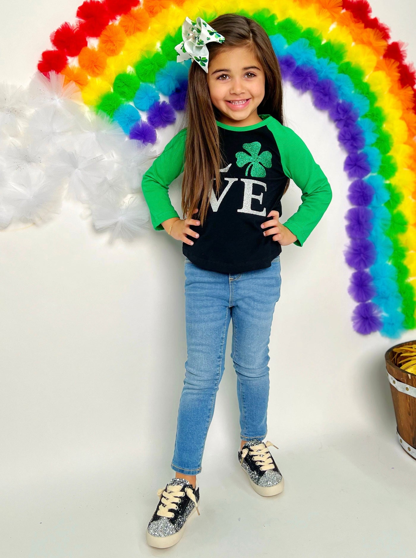 St. Patrick's Day Clothes | Girls Love Shimmer Clover Raglan Top