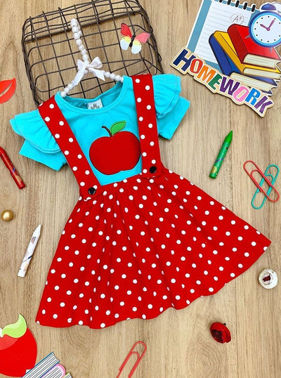 Girls Blue Flutter Sleeve Apple Print Top and Polka Dot Overall Dress Set