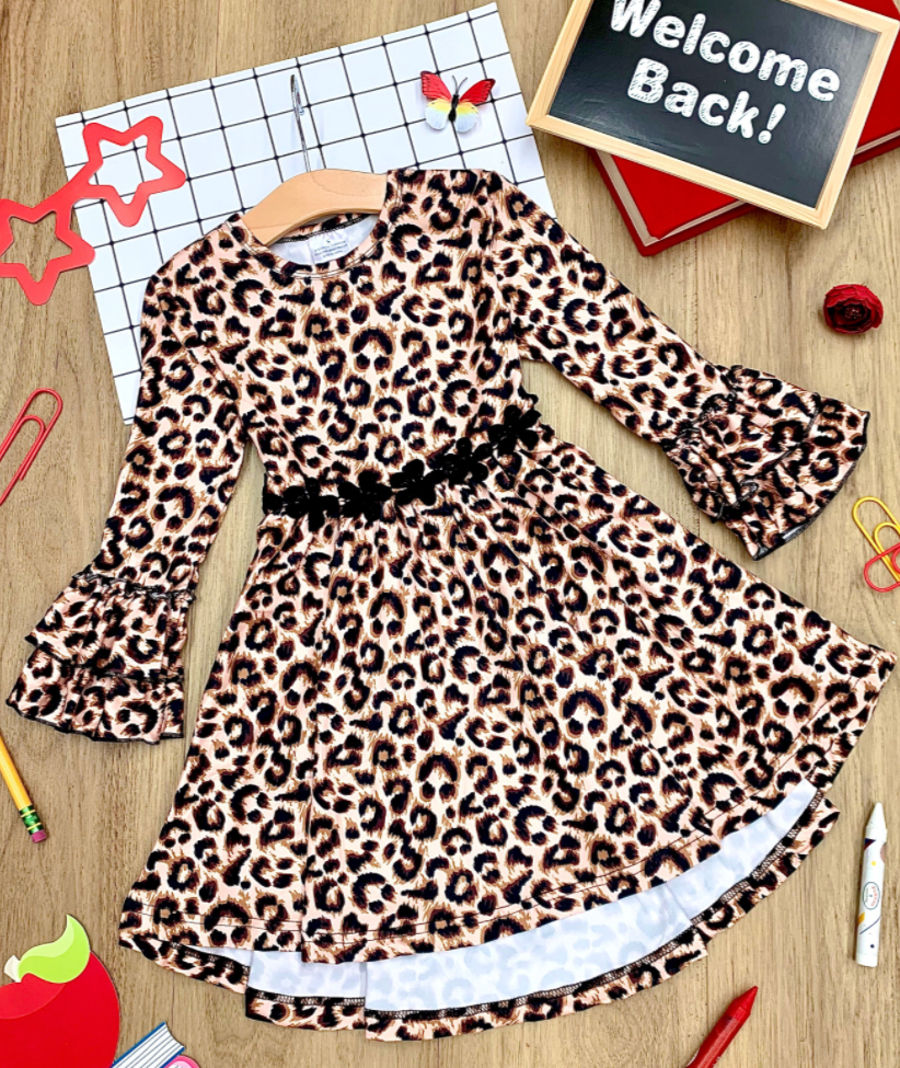 Girls Hi-Lo Crochet Trim Double Leopard Sleeve Dress