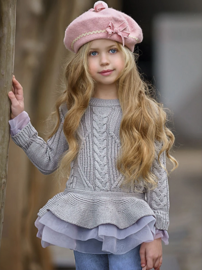 Little Girls Fall Grey Cable Knit Peplum Tutu Sweater - Mia Belle Girls