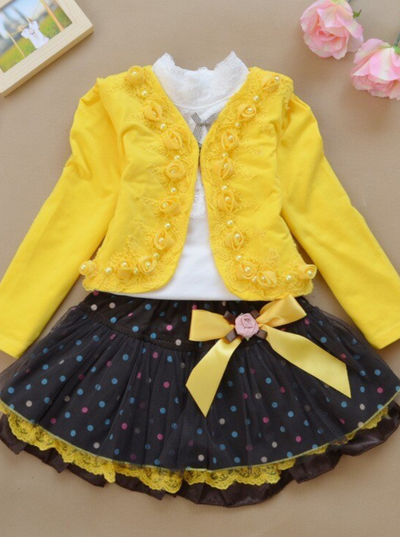 Girls Preppy White Lace Neck Top and Polka Dot Tutu Skirt Set With Embellished Blazer Yellow