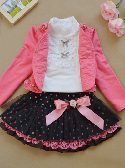 Girls Preppy White Lace Neck Top and Polka Dot Tutu Skirt Set With Embellished Blazer Pink