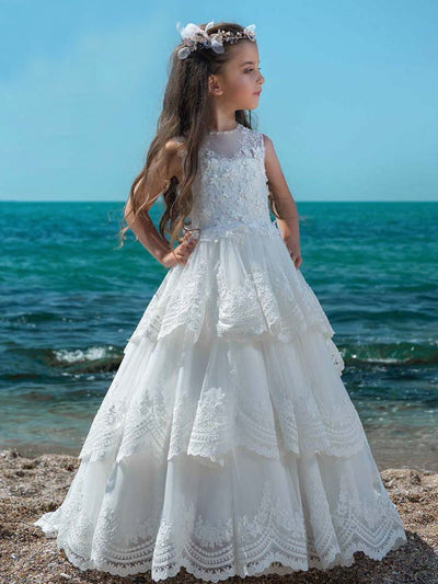 Mia Belle Girls Communion Dresses | White Tiered Gown With Train