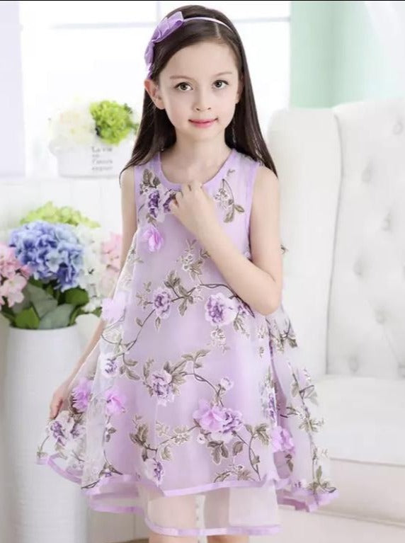 Girls Sleeveless Flower Mesh Lace Dress - Purple / 4T/5Y - Girls Spring Dressy Dress