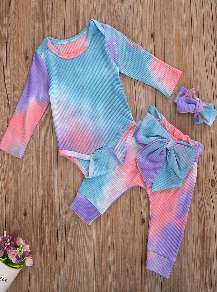 Baby Tie Dye Diva Ribbed Onesie, Leggings, and Headband Set Multicolor