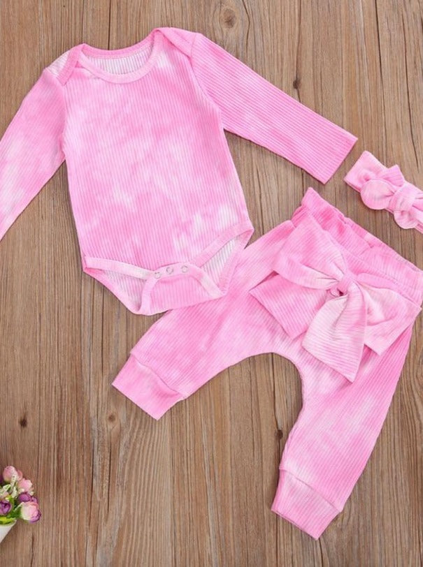 Baby Tie Dye Diva Ribbed Onesie, Leggings, and Headband Set Pink