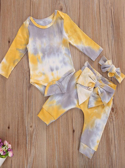 Baby Tie Dye Diva Ribbed Onesie, Leggings, and Headband Set Yellow